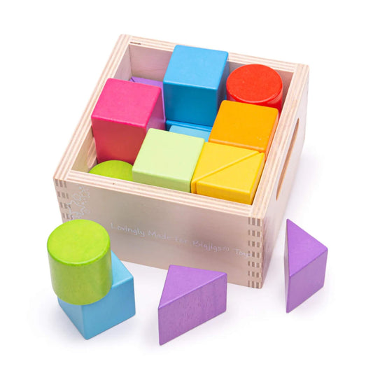 Bigjigs Toys First Building Blocks with bright, chunky wooden pieces in assorted shapes and colours – perfect for stacking, sorting, and early construction play.