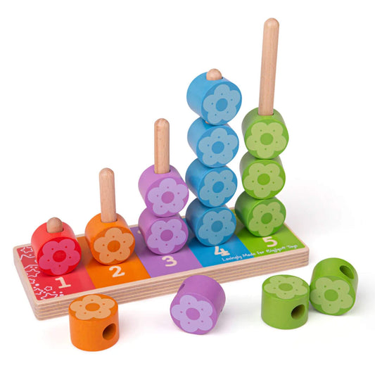 Bigjigs Toys First Flower Stacker with colourful wooden flower pieces and numbered baseboard for counting from 1 to 5.