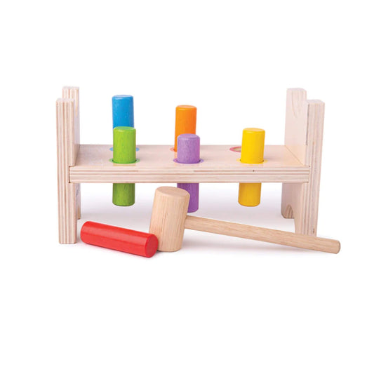 Bigjigs Toys First Hammer Bench with brightly coloured pegs and a sturdy wooden hammer – ideal for developing hand-eye coordination and fine motor skills.