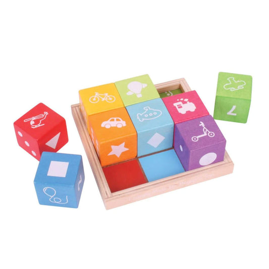 Bigjigs Toys First Picture Blocks with bright, chunky wooden blocks featuring numbers, shapes, and objects – perfect for early learning.