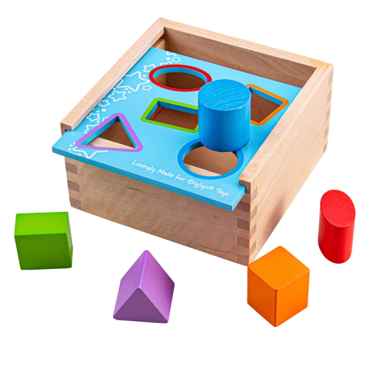 Bigjigs Toys First Posting Box with chunky wooden shapes and a bright sorting lid – ideal for early colour and shape recognition.