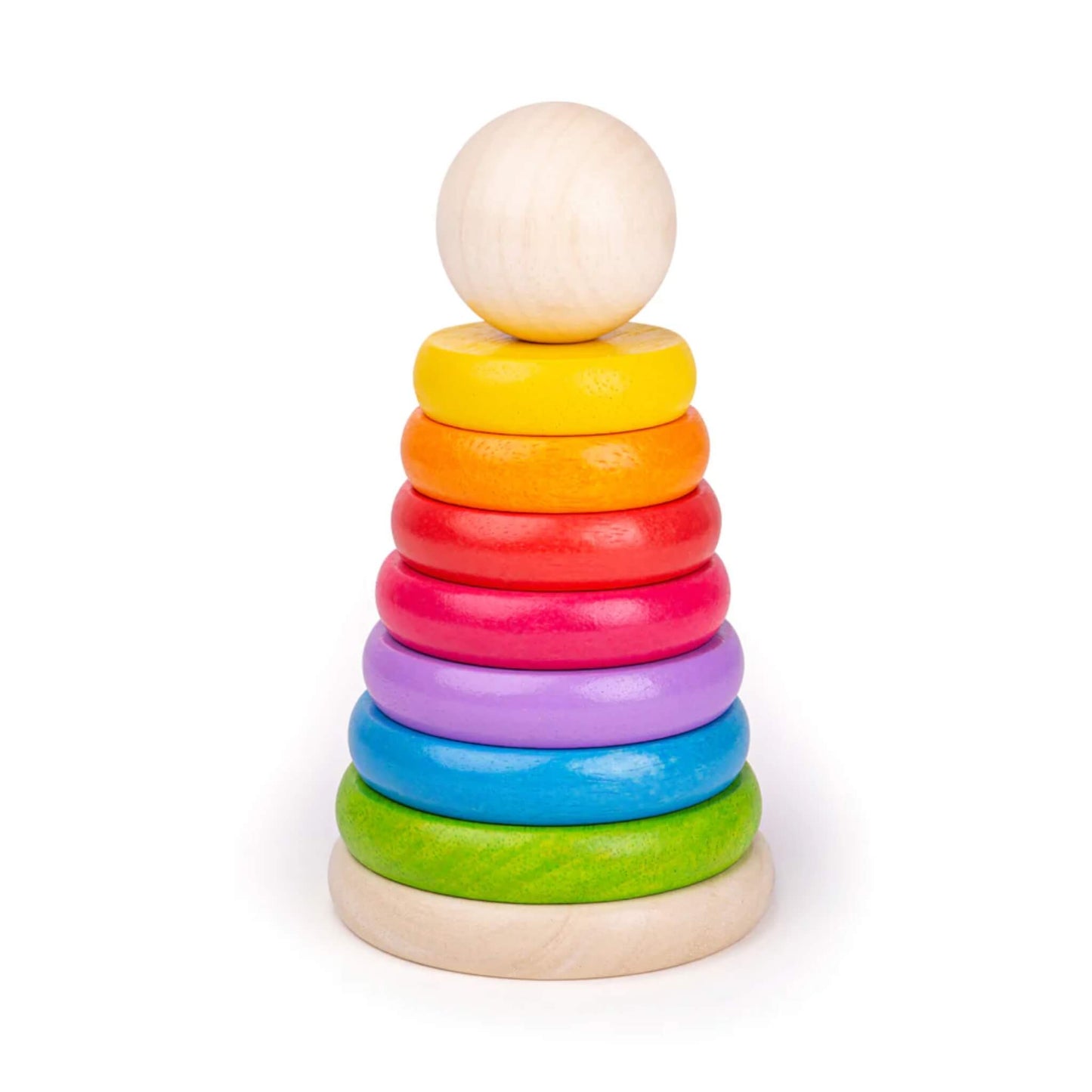 Bigjigs Toys First Rainbow Stacker with a smooth wooden base, a natural wooden topper, and vibrant rings stacked in size order from green to yellow.
