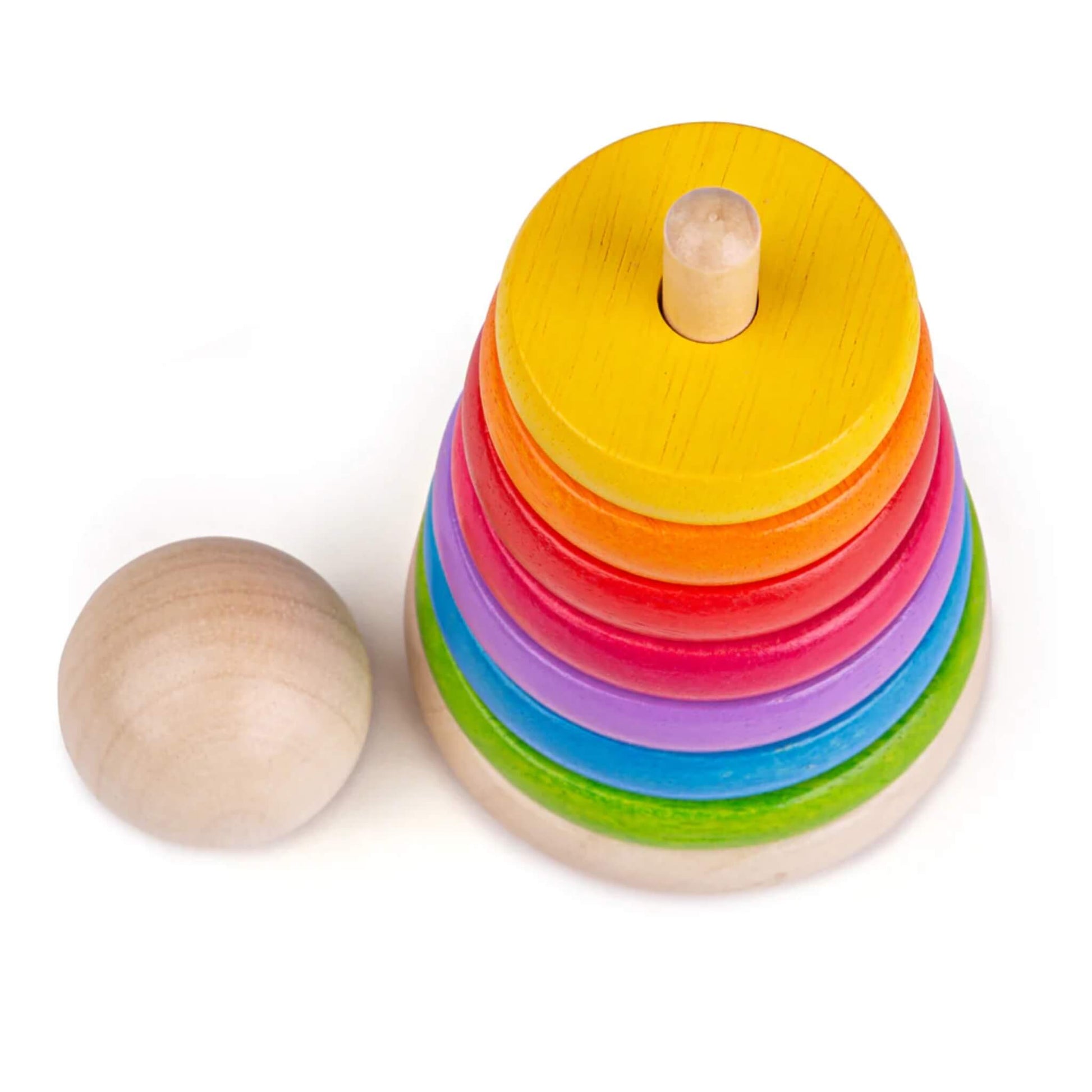 Stacked rainbow rings with natural wooden topper, creating a vibrant tower.