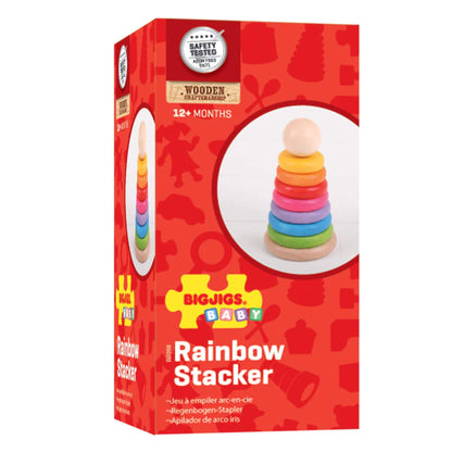 Packaging for the Bigjigs Toys First Rainbow Stacker, featuring a product image and safety testing logos.