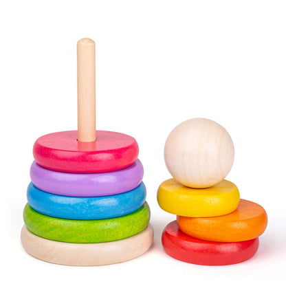 Wooden stacking rod and colourful rings, shown separately for easy sorting and play.