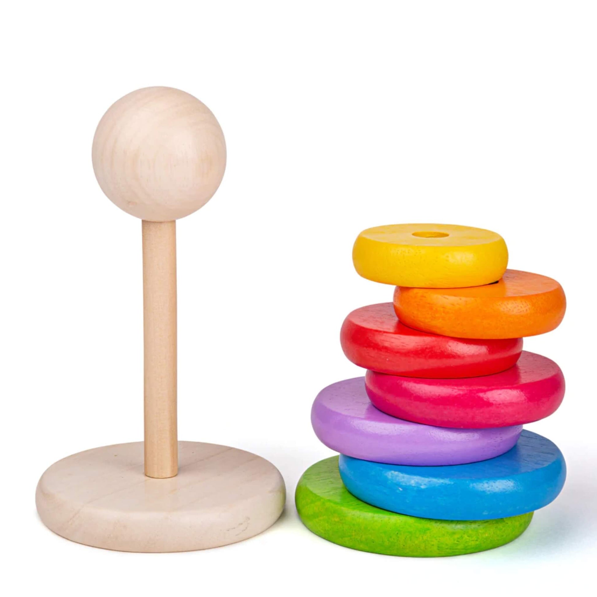 Wooden stacking base with colourful rings and natural topper, ready for stacking play.