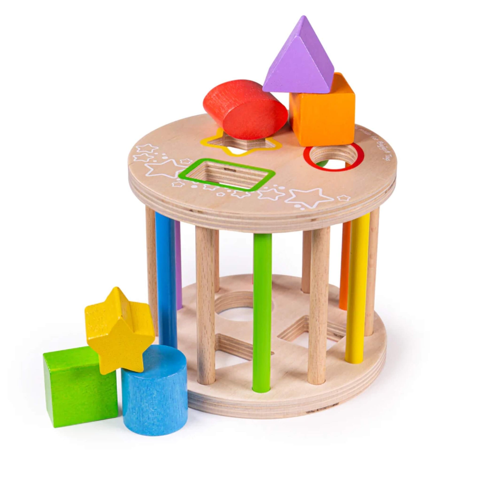 Colourful wooden shape sorter from Bigjigs Toys featuring 6 chunky shapes and a rolling sorter– perfect for building fine motor skills and early shape recognition.