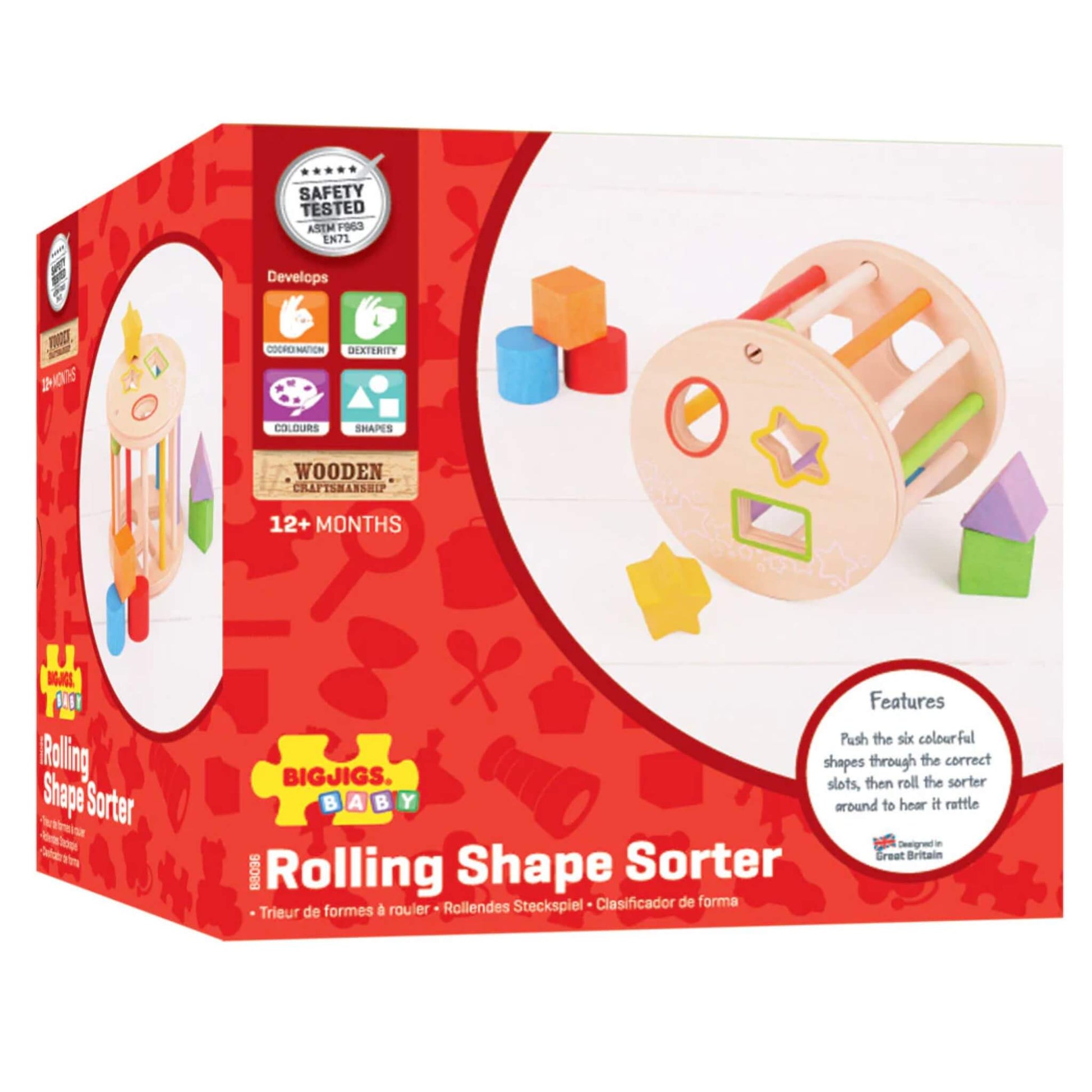 Bigjigs Toys First Rolling Shape Sorter in its bright red retail packaging, highlighting key features and developmental benefits.