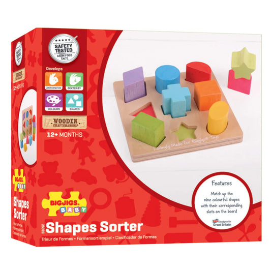 Bigjigs Toys First Shapes Sorter in its bright red packaging, highlighting the colourful wooden shapes and sorting slots for early learning.