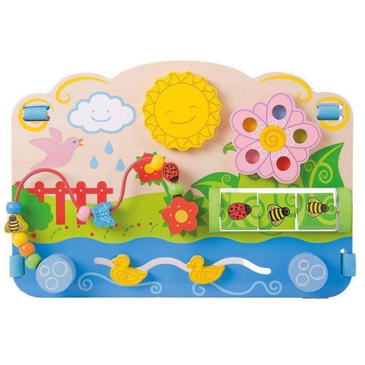 Wooden flower activity centre for babies and toddlers – bright, sensory play board with gears, beads, and a garden theme for early learning.