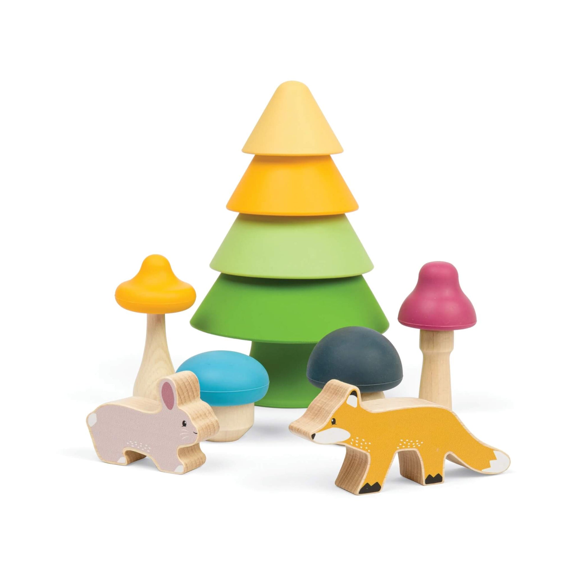 A close-up of the Forest Friends Playset, showing a yellow and green stacking tree, wooden bunny, fox, and four silicone mushrooms in assorted colours.