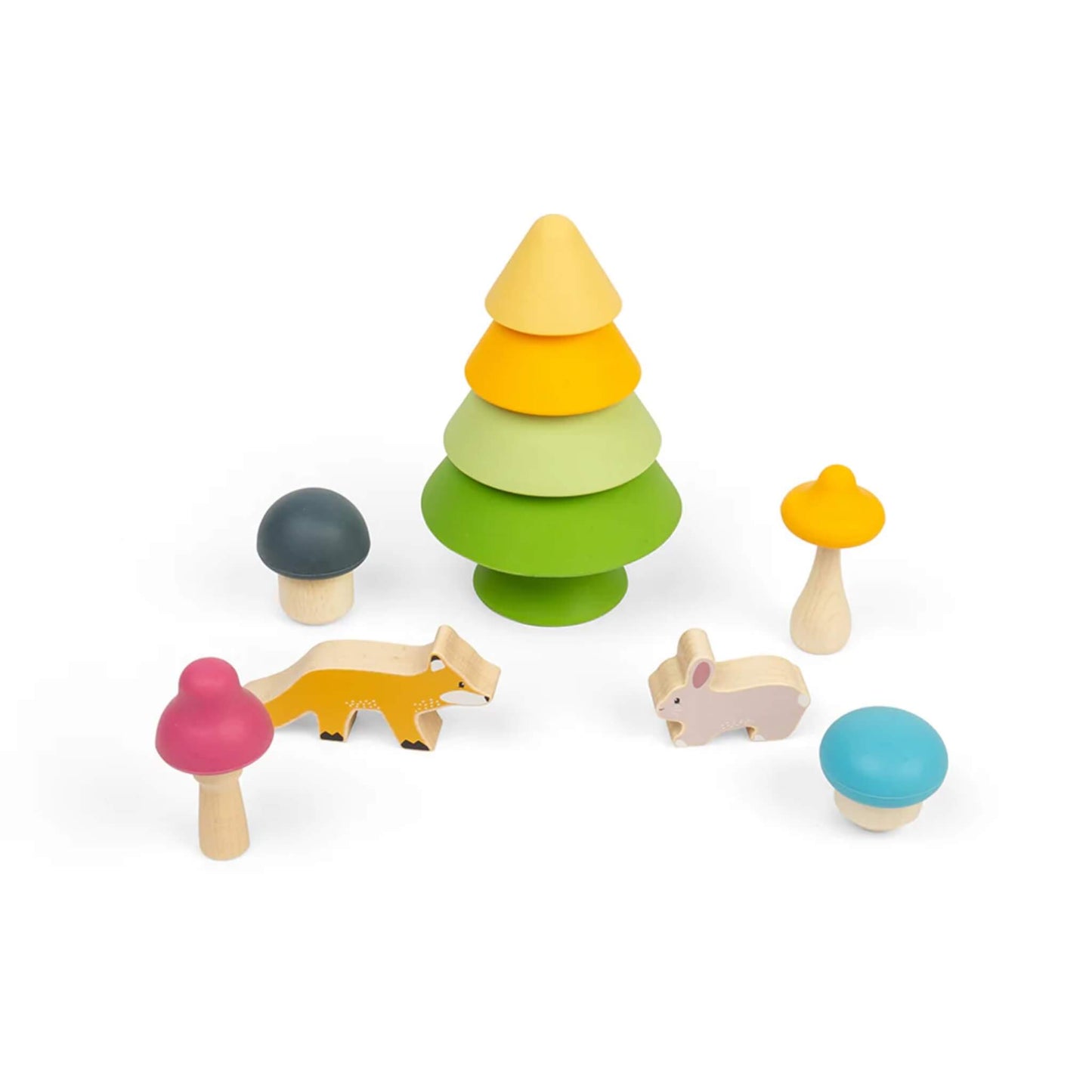 Bigjigs Toys Forest Friends Playset arranged on a white background, featuring a stacking tree, a wooden bunny, a wooden fox, and four colourful silicone mushrooms.