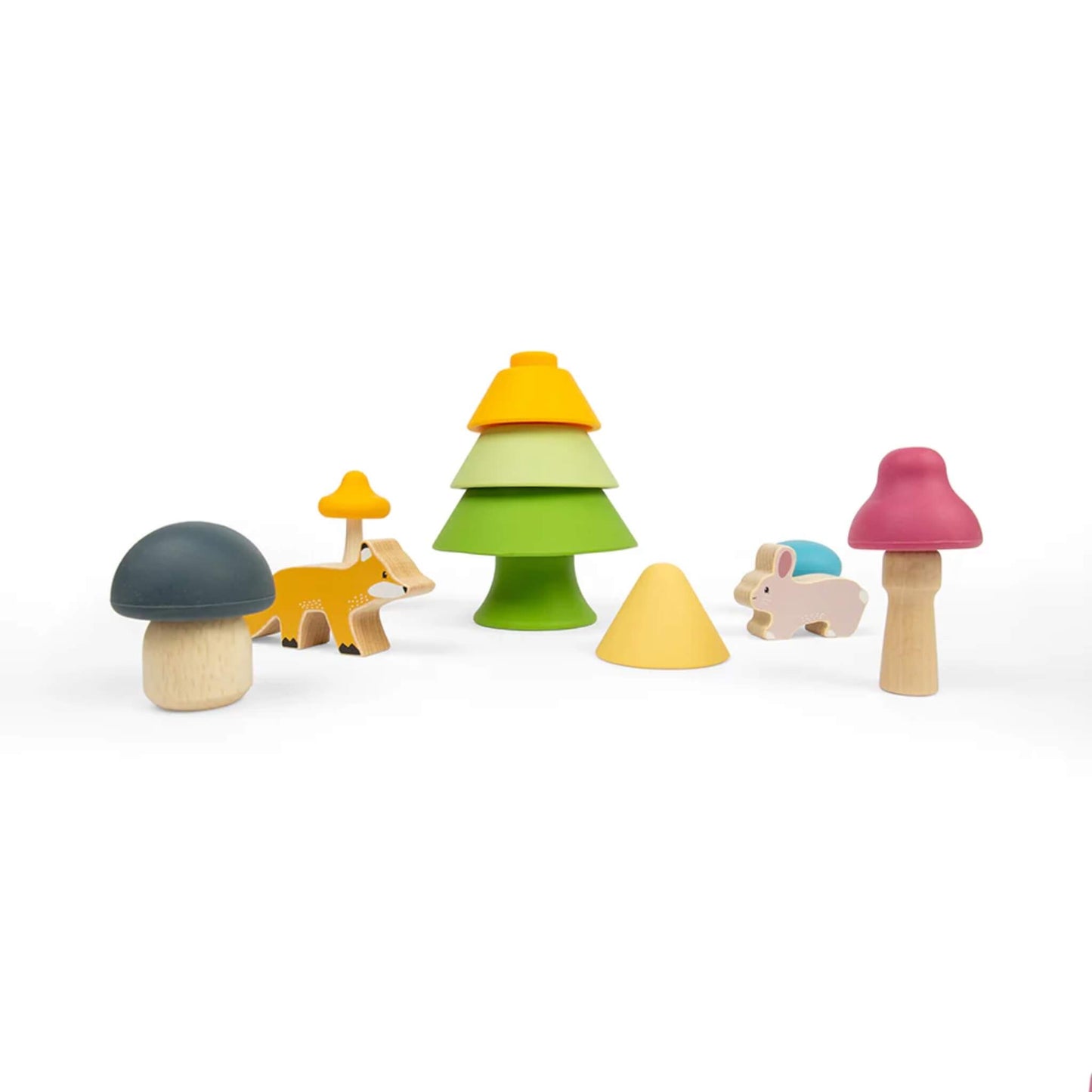 The Forest Friends Playset arranged to show the tree components disassembled, with separate tree layers, mushrooms, and woodland animals.