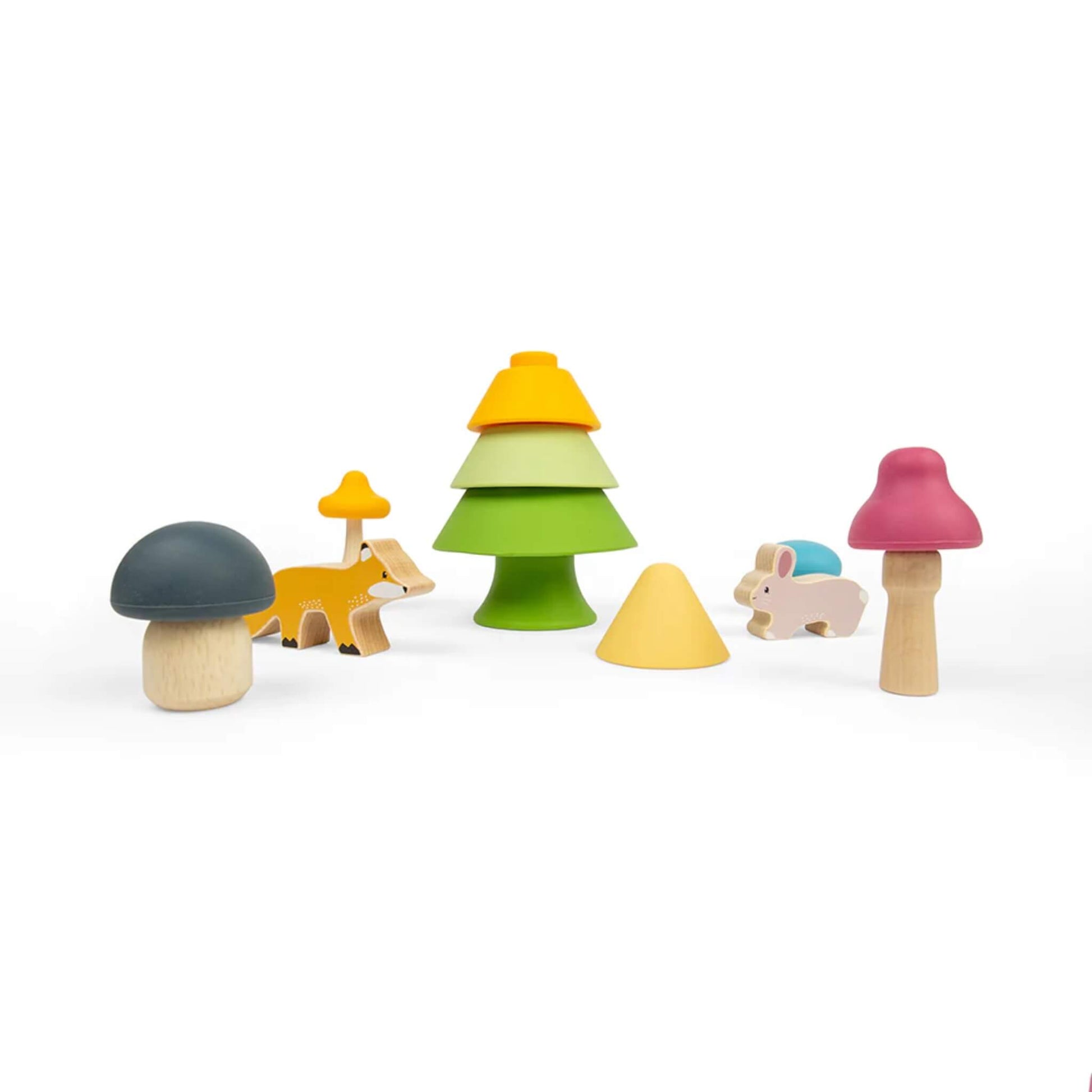 The Forest Friends Playset arranged to show the tree components disassembled, with separate tree layers, mushrooms, and woodland animals.