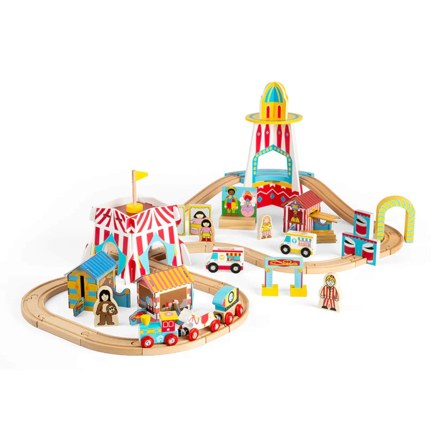 Complete Bigjigs Toys Fun Fair Train Set assembled in a figure-of-eight layout, with a colourful helter-skelter, striped circus tent, wooden train, funfair stalls and characters.