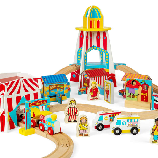 Wooden funfair train and vehicles surrounding the Bigjigs Toys helter-skelter, fairground stalls, circus tent and characters.