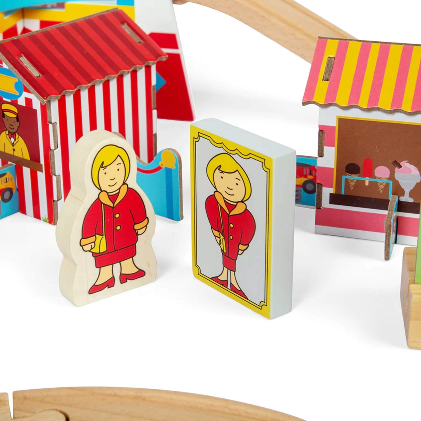 Wooden character dressed in red posed next to a funfair-style mirror board with matching illustration.
