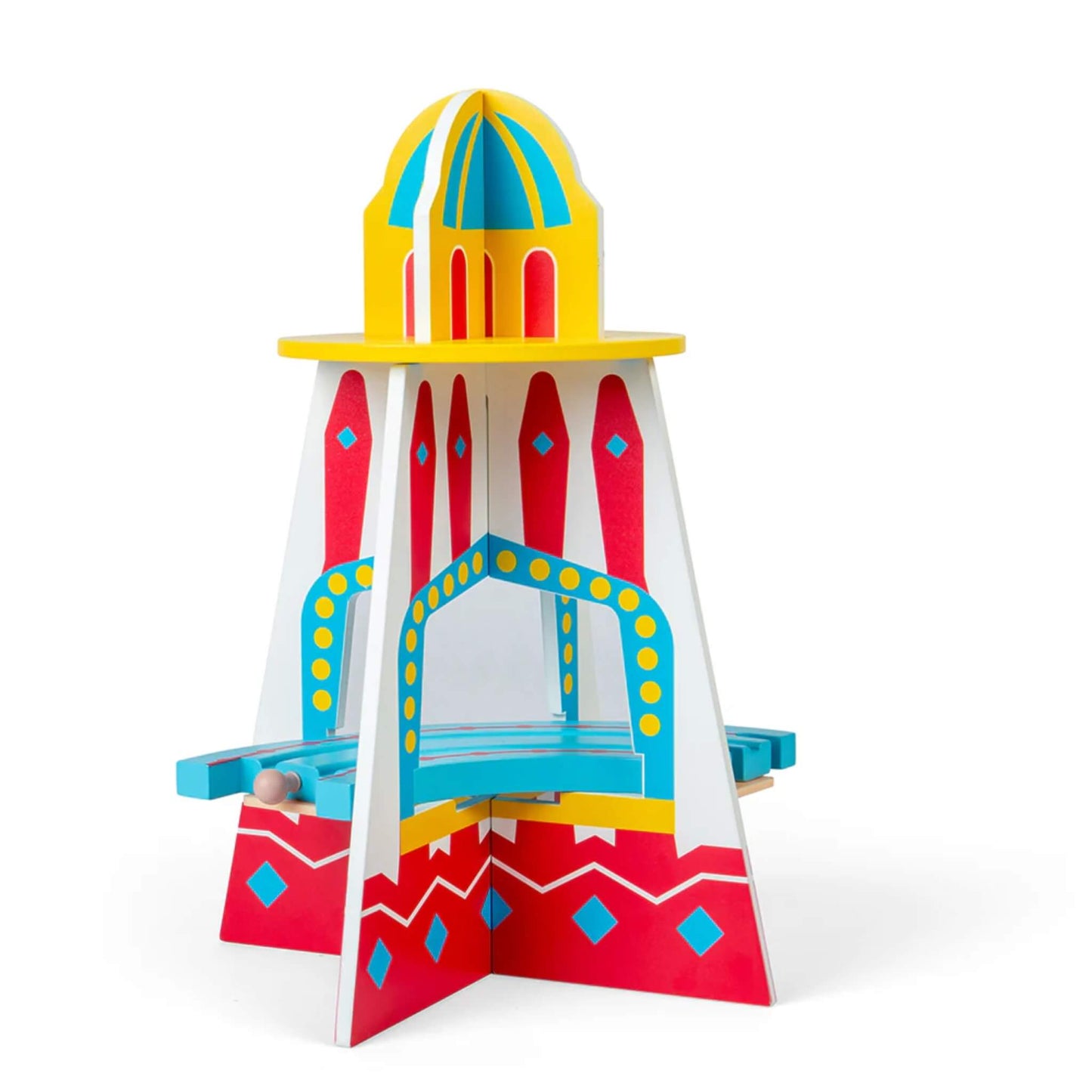 Tall, colourful wooden helter-skelter structure with yellow dome and blue ramp, part of the Fun Fair Train Set.