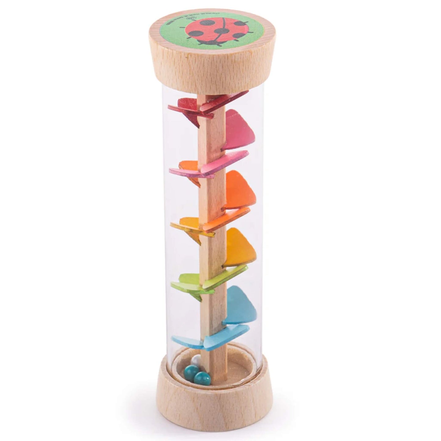 Bigjigs Garden Rainmaker with bright rainbow paddles inside and a cheerful red ladybird image on top.