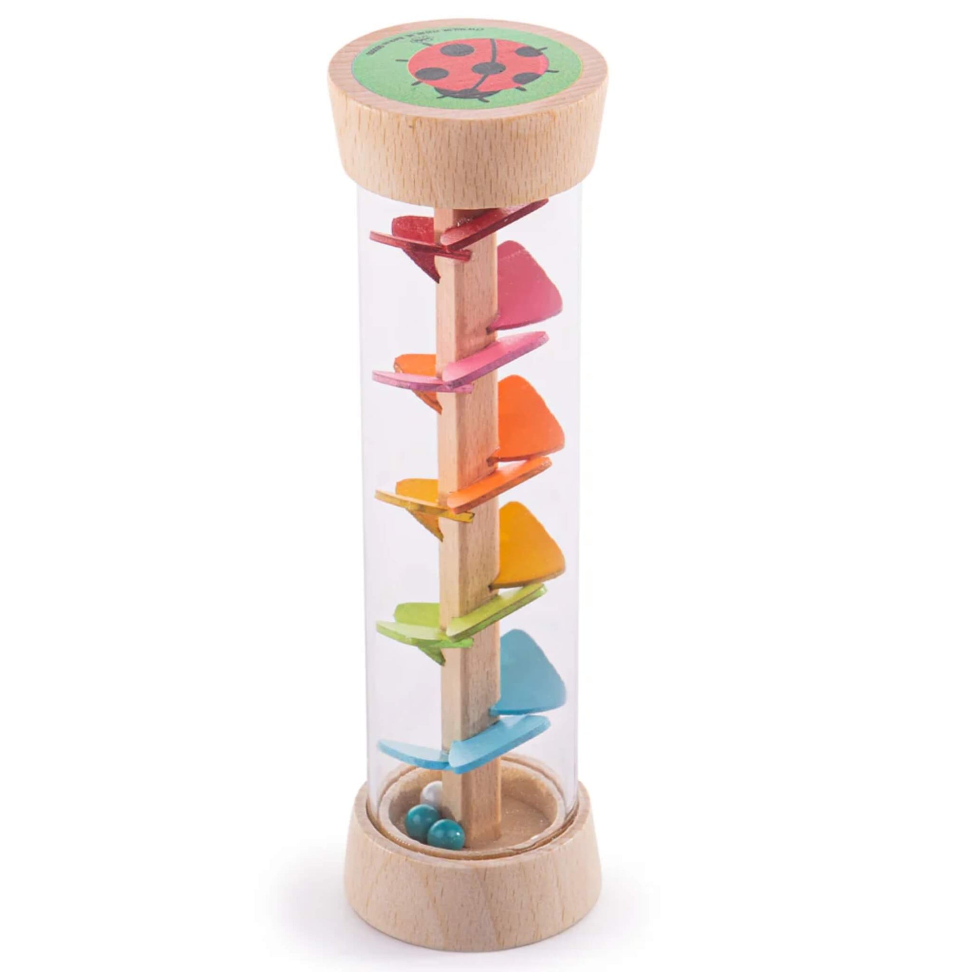 Bigjigs Garden Rainmaker with bright rainbow paddles inside and a cheerful red ladybird image on top.