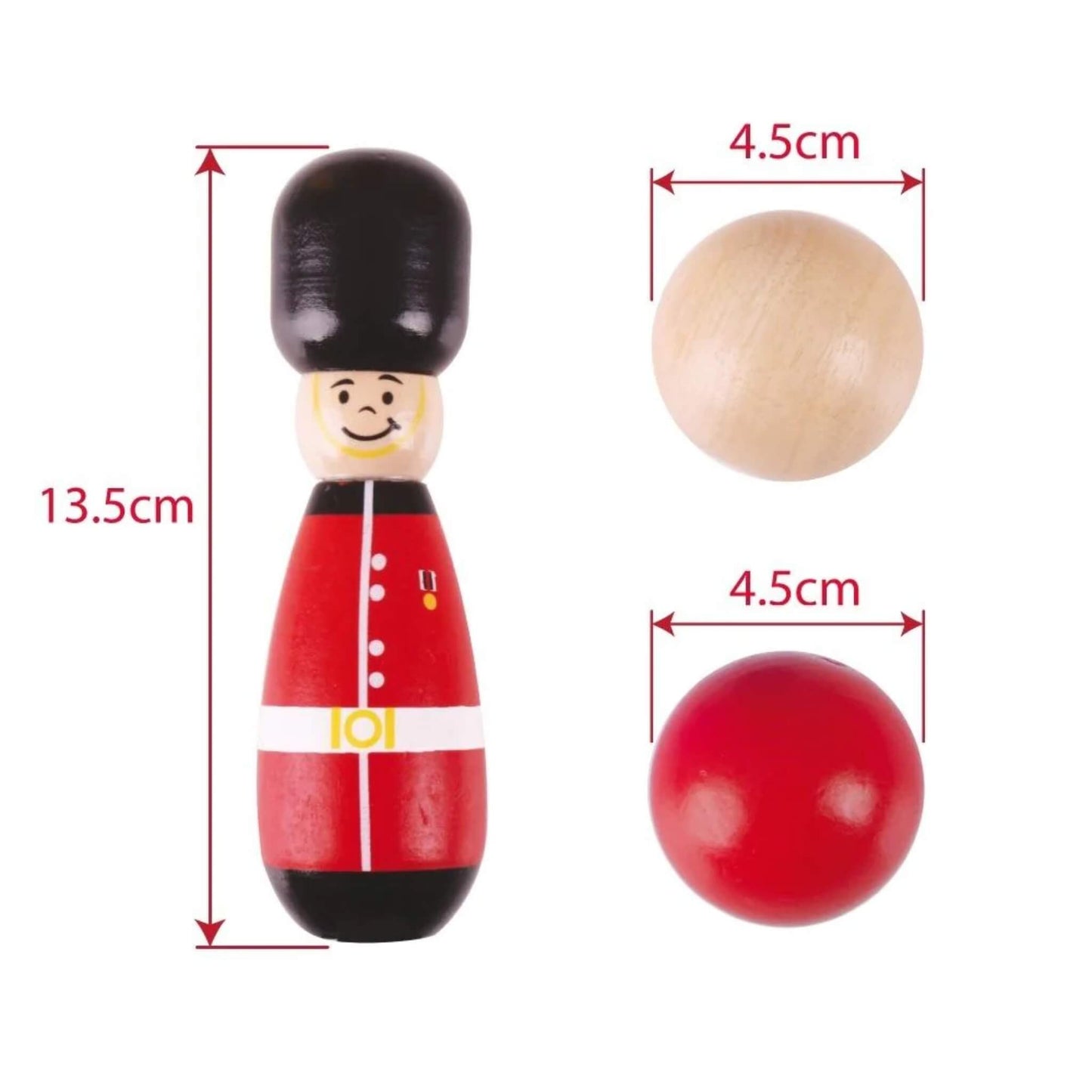 Close-up showing the height and width measurements of a single guardsman skittle (13.5cm tall) alongside two wooden balls, each 4.5cm wide.