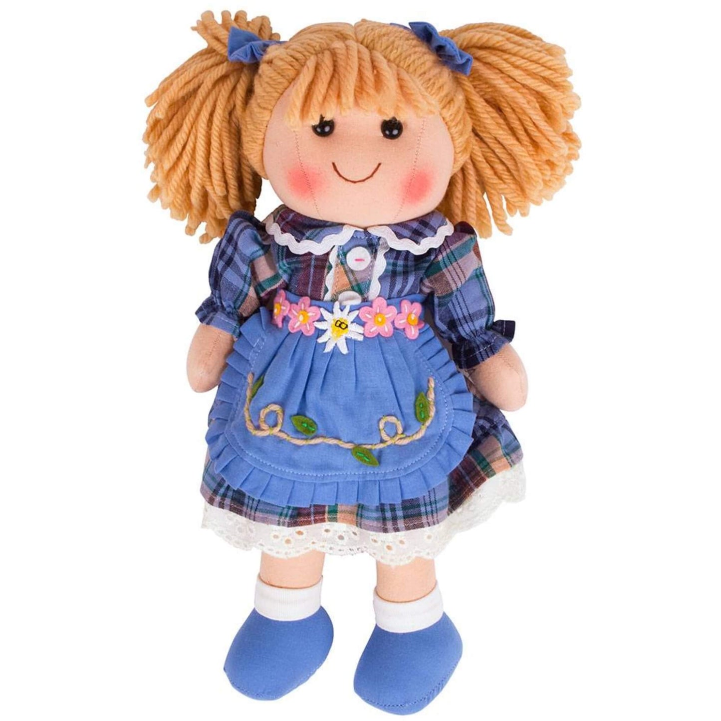 Bigjigs Toys Katie Doll standing in a blue check dress with a floral apron, white socks and blue shoes, smiling with blonde pigtails and blue bows.