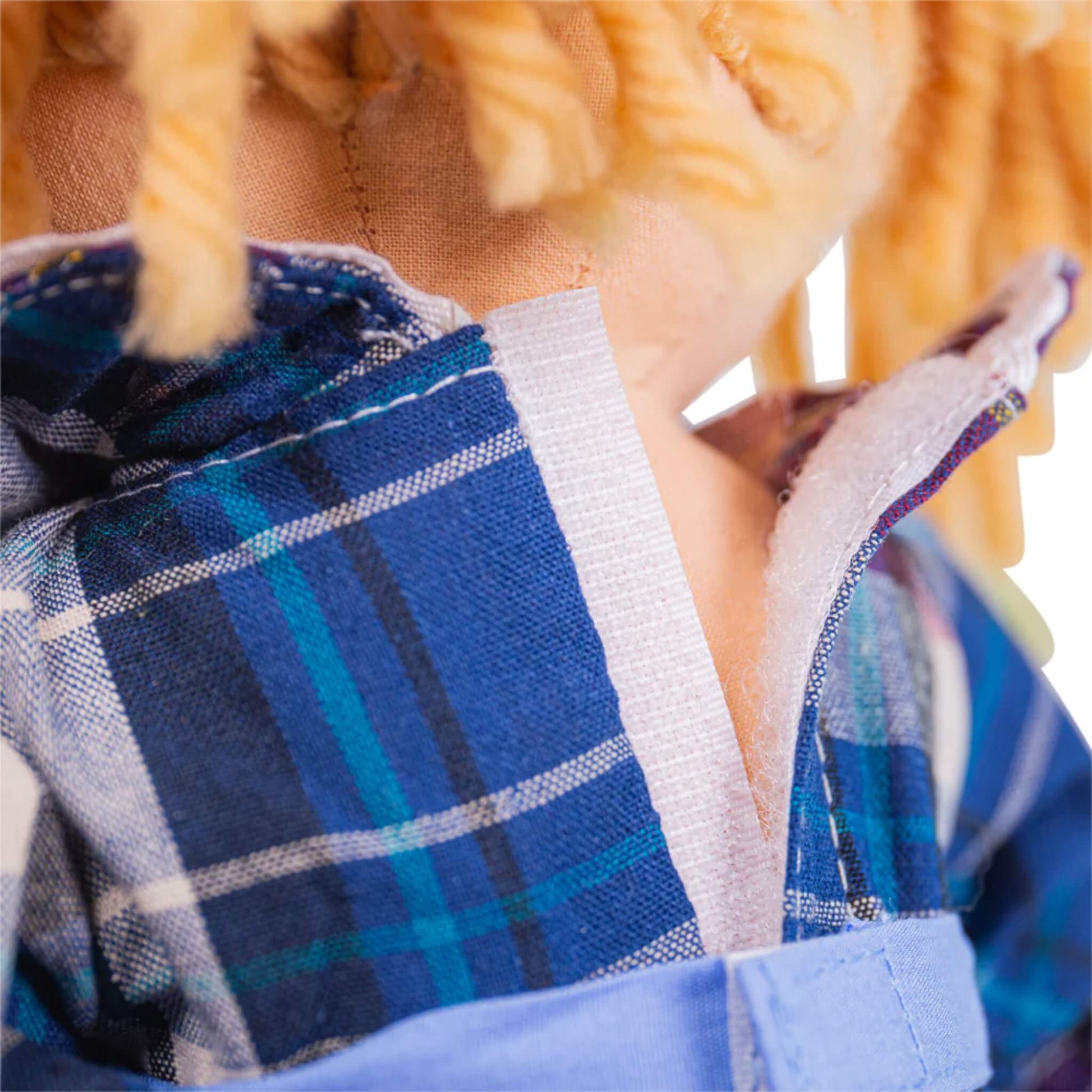 Close-up showing the Velcro strip on the back of Katie Doll’s dress, making outfit changes easy for small hands.