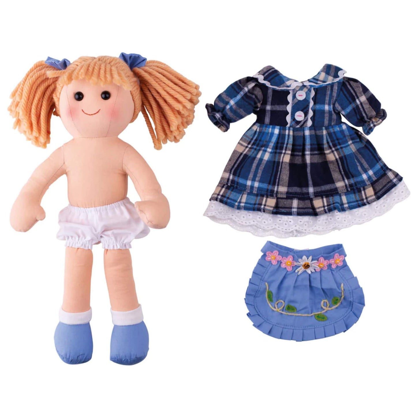 Undressed view with outfit – Katie Doll shown next to her removable blue check dress and embroidered apron, highlighting dressing and undressing play features.