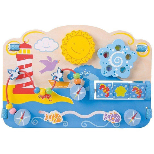 Bigjigs Toys Marine Activity Centre – Colourful wooden activity board for babies and toddlers, with spinning sun, bead maze, and sea-themed blocks.