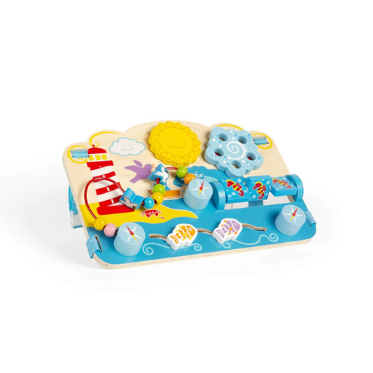 Nautical-themed wooden activity centre with spinning blocks, beads, and a bright, sunshiny design.