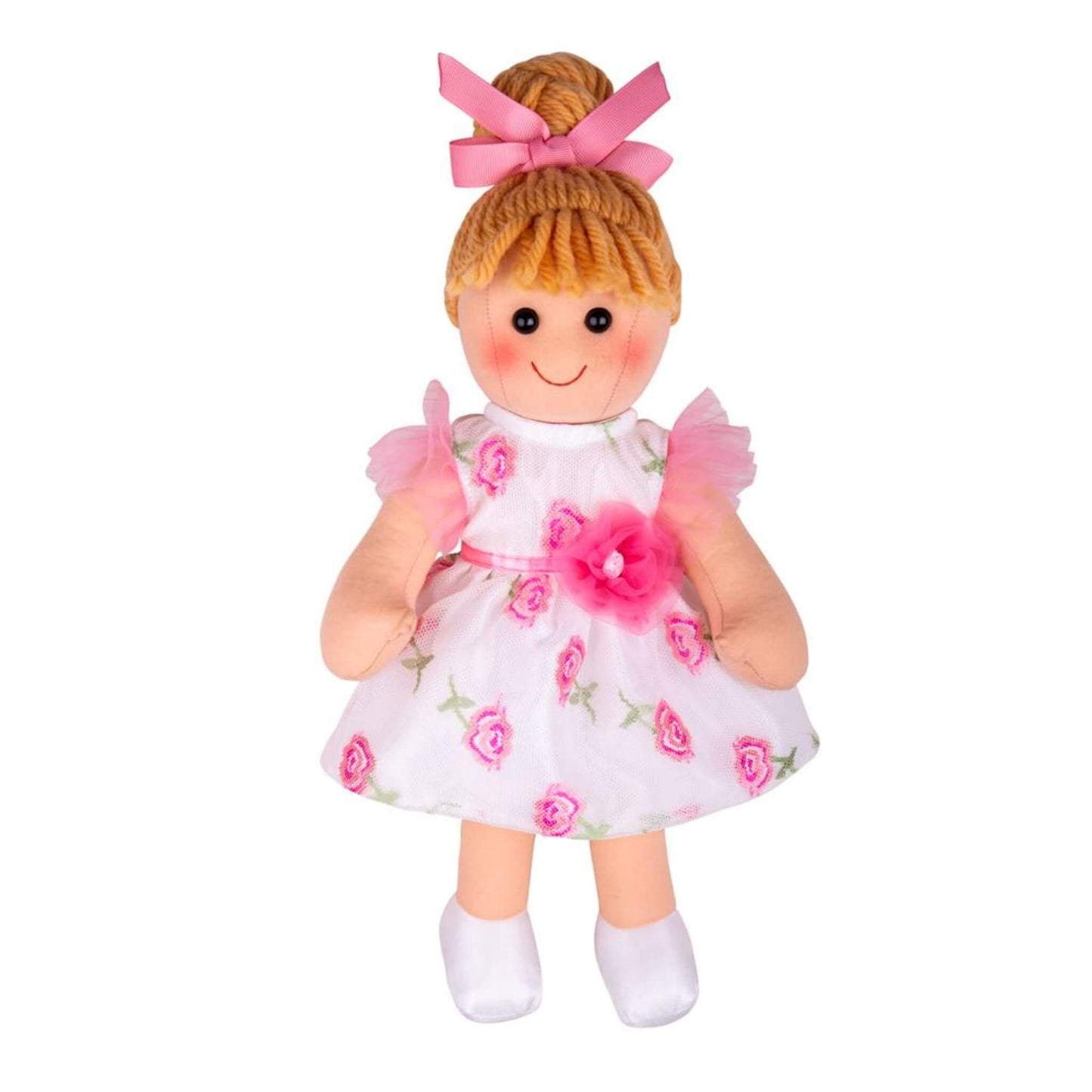 Bigjigs Toys Megan Doll standing upright in floral dress with pink tulle sleeves, satin shoes and a ribboned bun. A soft and cuddly companion for play.