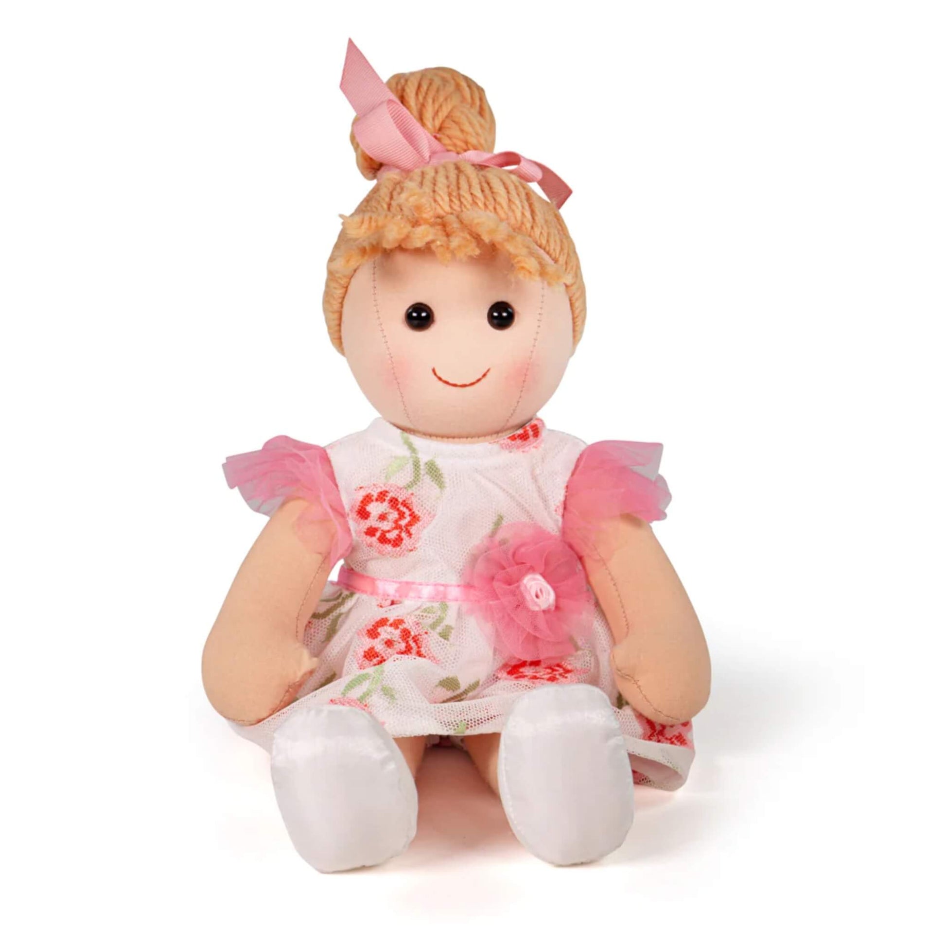 Seated soft doll with pink tulle sleeves, embroidered floral dress and satin shoes.