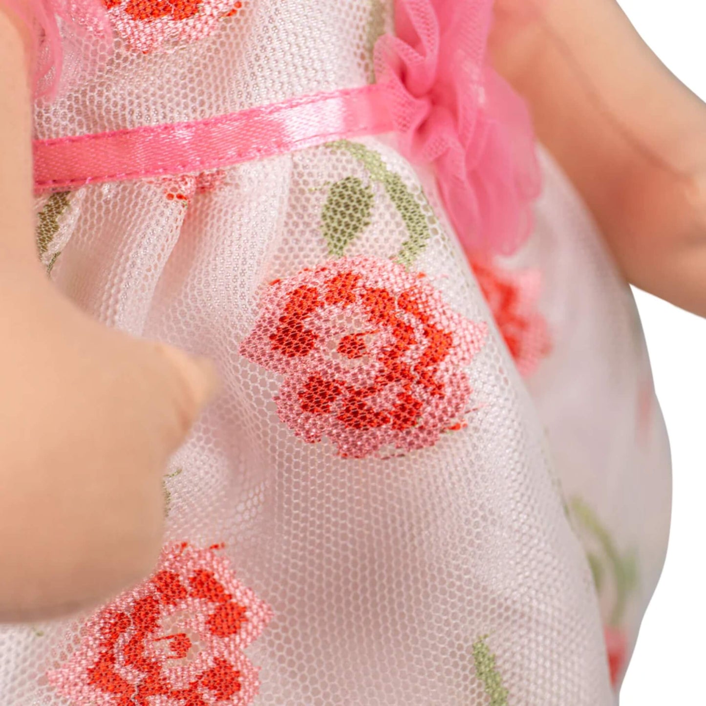 White mesh overlay with pink and red stitched flowers and green stems.