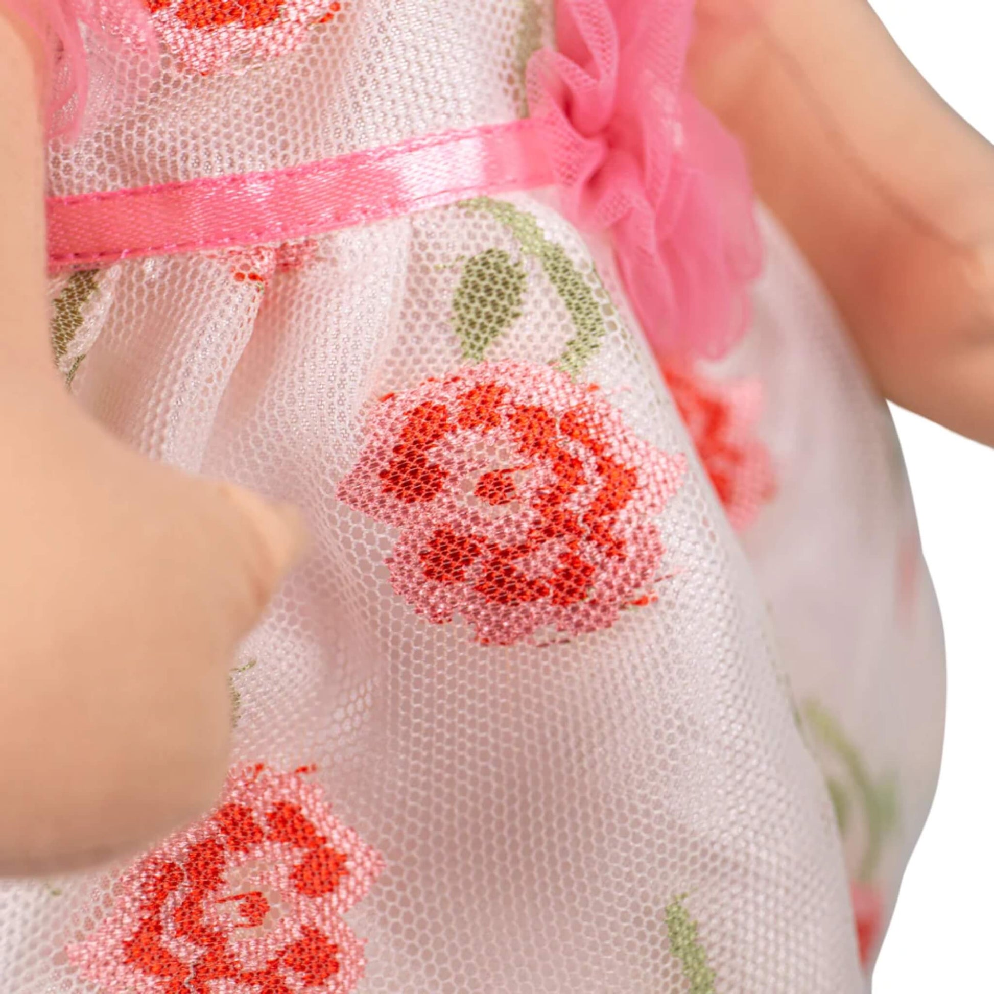 White mesh overlay with pink and red stitched flowers and green stems.