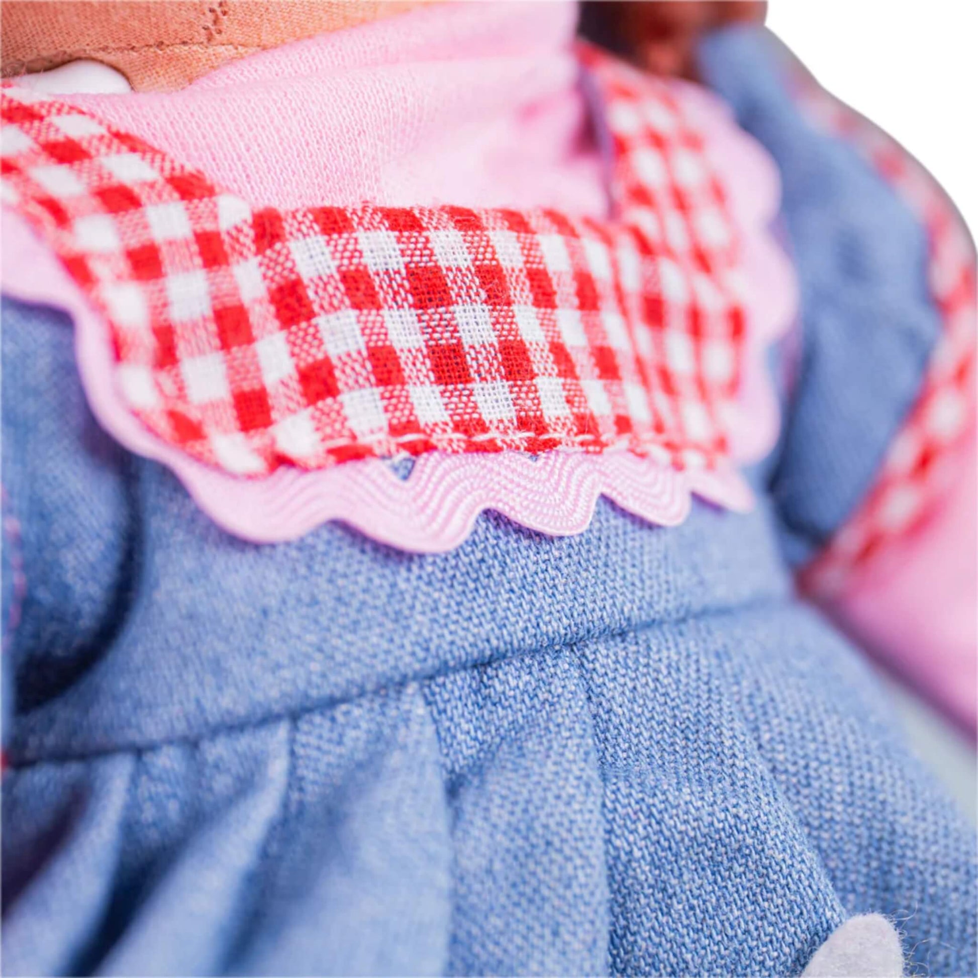 Close-up of the red gingham chest panel with pink scalloped trim on the bodice of the dress.