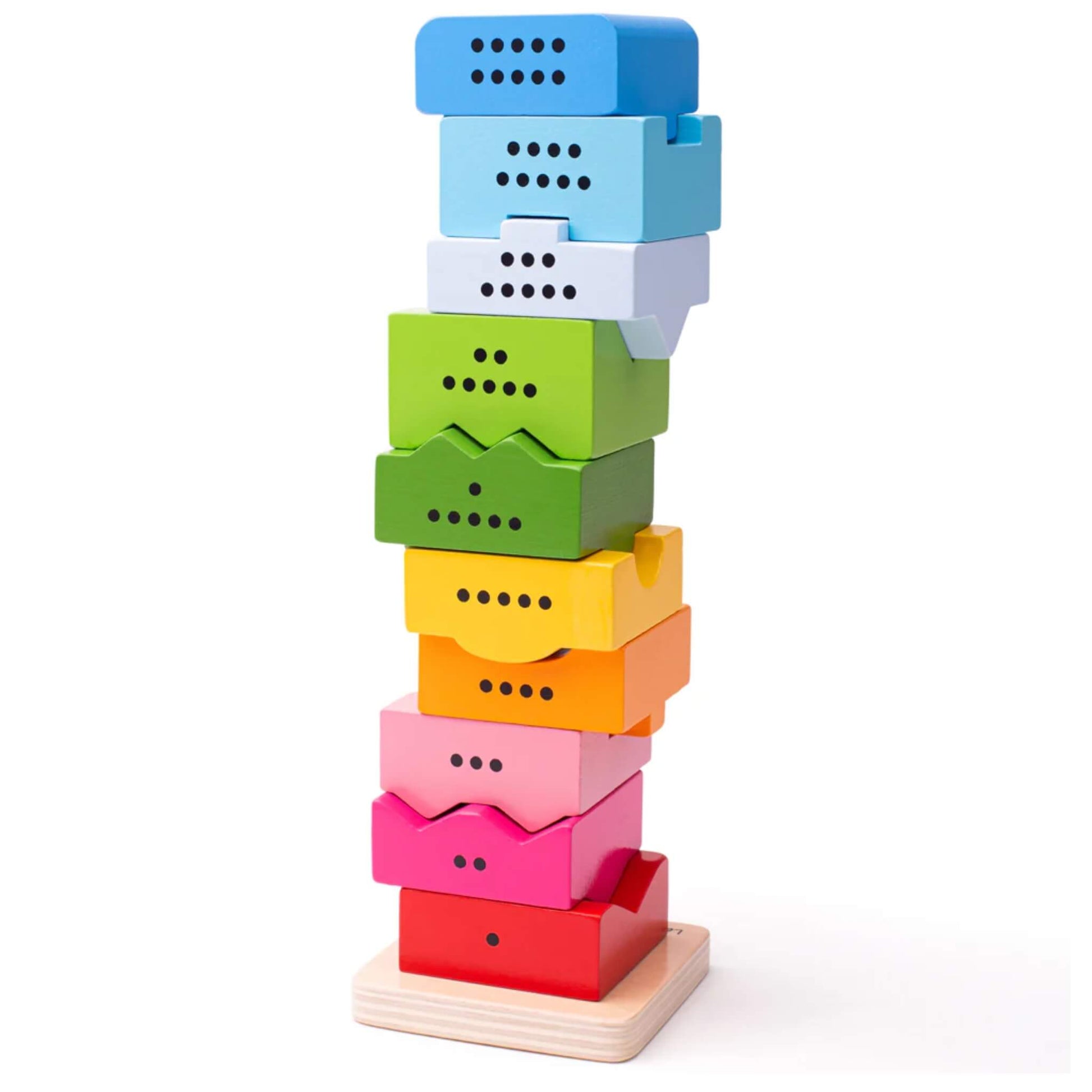 Rear view of the Number Tower showing dot formations on each wooden block, providing a tactile and visual way for children to understand quantities.