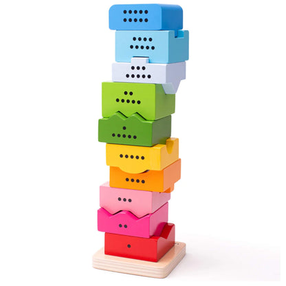 Rear view of the Number Tower showing dot formations on each wooden block, providing a tactile and visual way for children to understand quantities.
