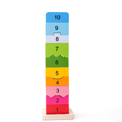 Front-facing image of the Bigjigs Toys Number Tower showing numerals 1–10 clearly arranged in gradient rainbow order from red to blue.
