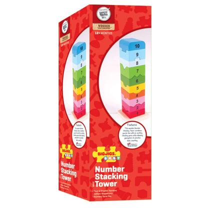 Retail packaging for the Bigjigs Toys Number Tower, featuring product imagery and features like safety testing, age guidance, and colourful branding.