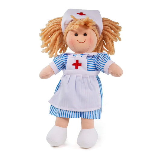 Bigjigs Toys soft ragdoll dressed as a nurse, wearing a blue-and-white striped uniform with white apron and nurse’s cap featuring a red cross.