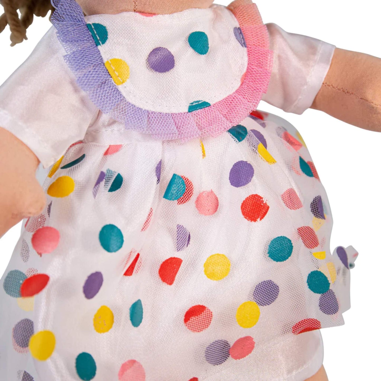 Close-up of the Phoebe Doll’s dress fabric, showing its colourful dot pattern and mesh overlay for added texture.
