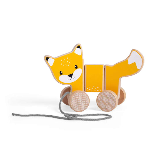 Bigjigs Toys FSC® Certified Pull Along Fox shown upright with bright orange body, patterned wheels, and grey pull cord on a white background.