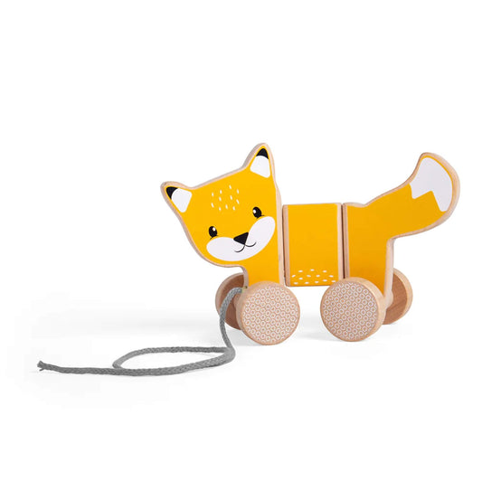 Side view of the wooden pull along fox toy featuring bold orange colour, flexible body joints, and a strong grey cord for pulling.