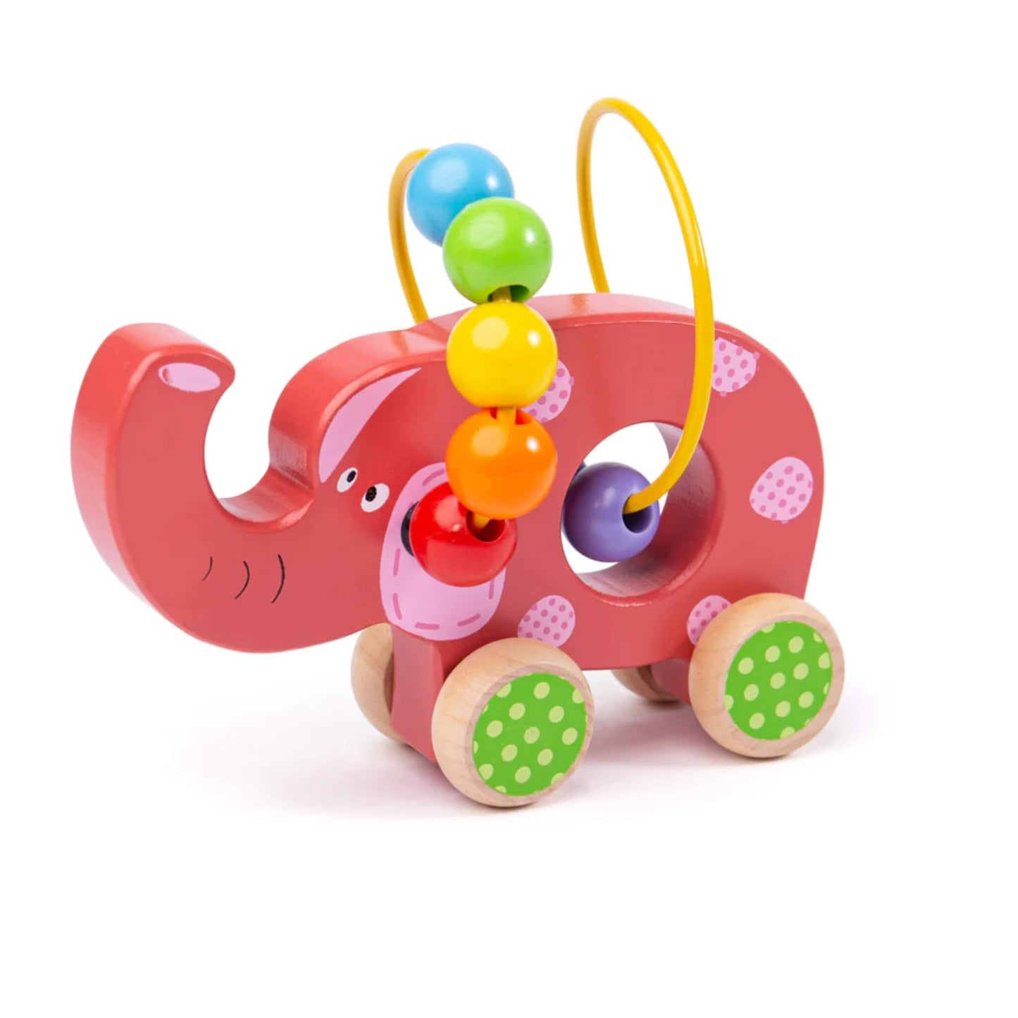 A wooden push along elephant toy from Bigjigs Toys with a yellow wire bead maze and rainbow-coloured beads, featuring green polka dot wheels.