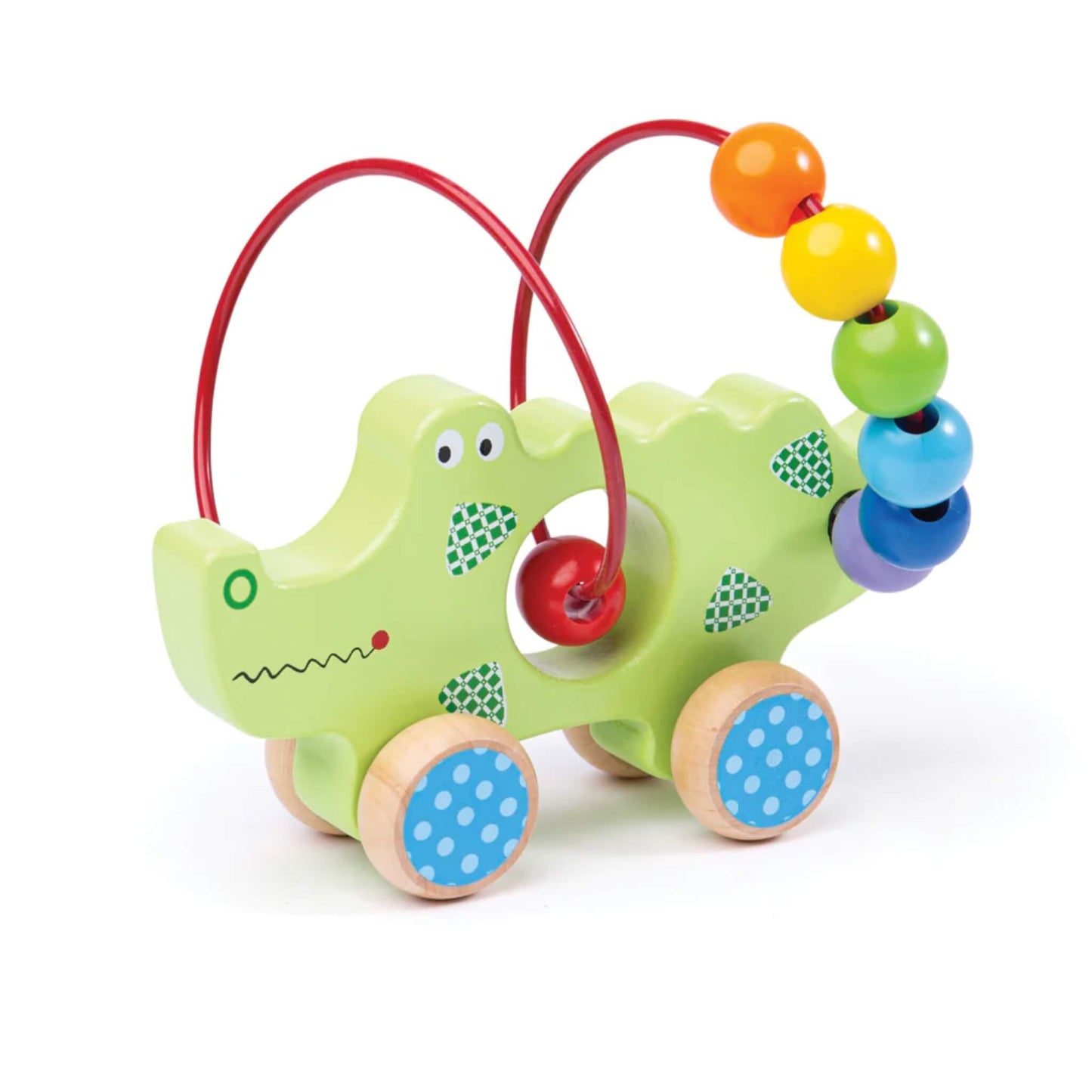 A wooden crocodile push along toy with bead maze from Bigjigs Toys, featuring colourful beads on a red wire and blue polka dot wheels.