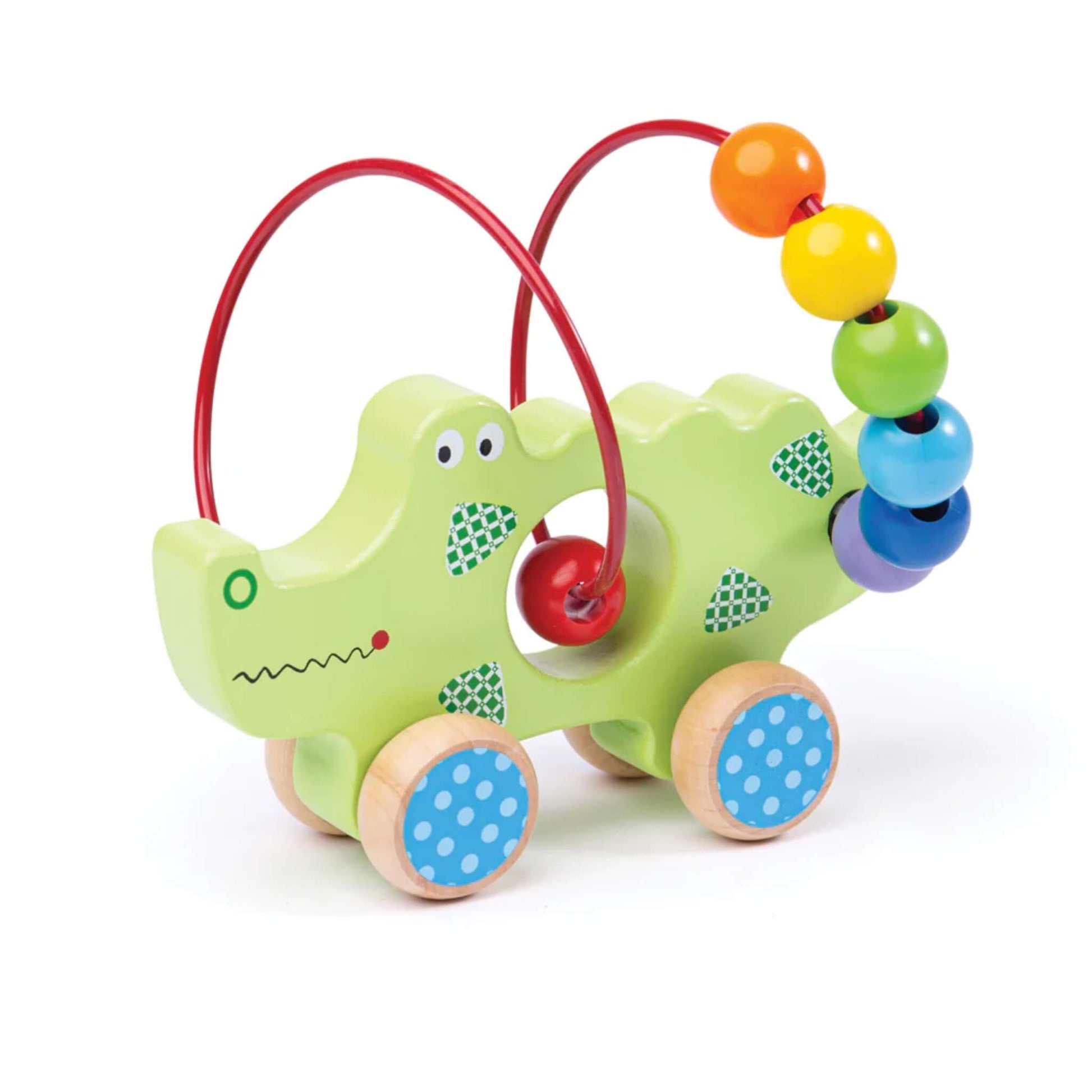 A wooden crocodile push along toy with bead maze from Bigjigs Toys, featuring colourful beads on a red wire and blue polka dot wheels.