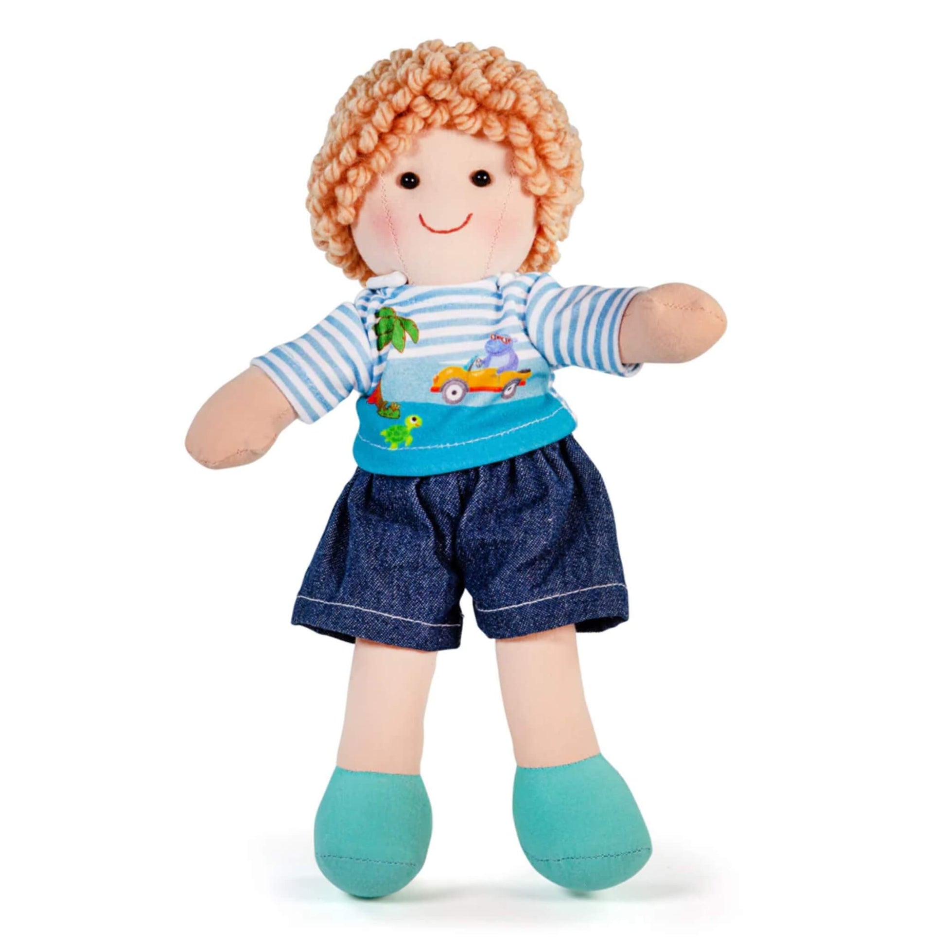 Bigjigs Toys Robin Doll (Medium) standing upright in blue striped top and denim shorts with curly hair and turquoise shoes.