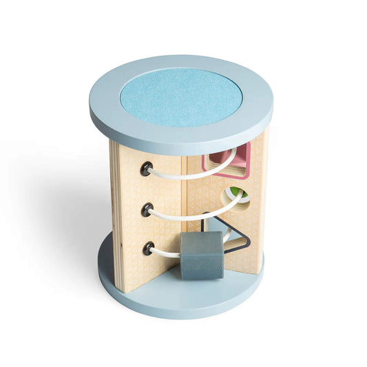 Top-down view of the Bigjigs Toys Rolling Sensory Sorter showing a textured blue felt circle and curved bead maze tracks with a cube threaded along.