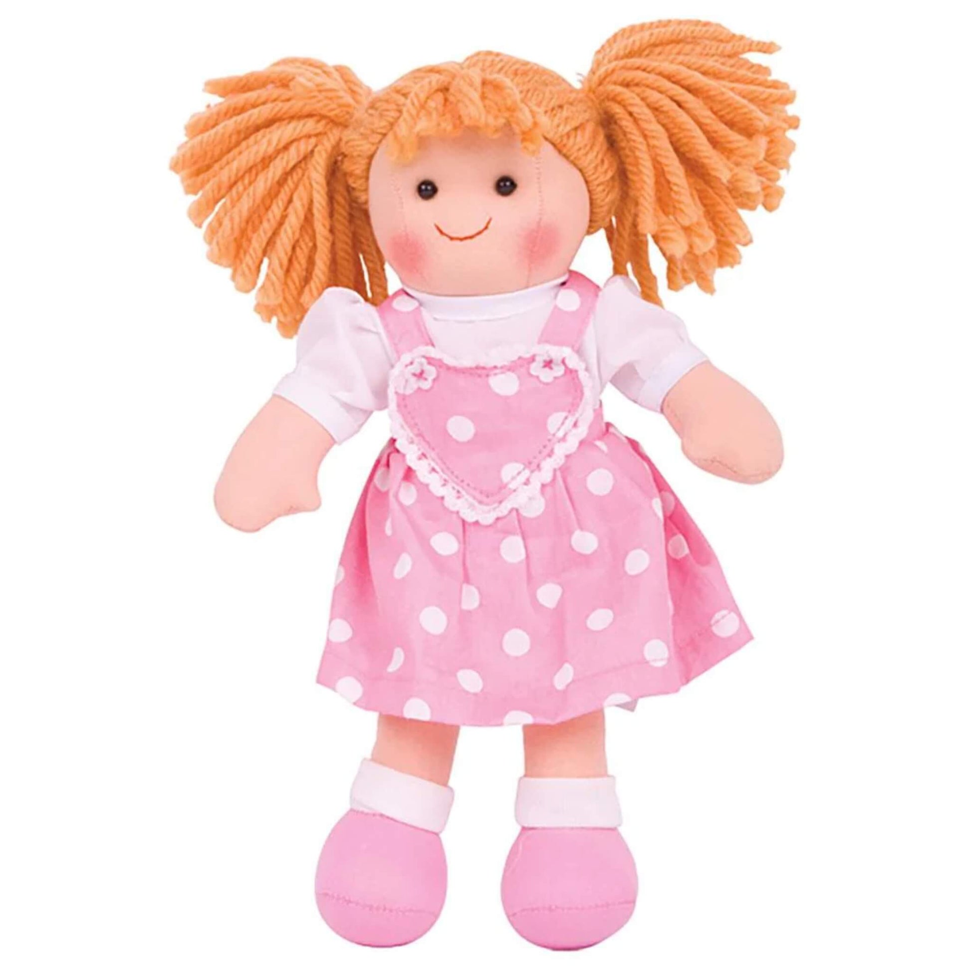 Ruby ragdoll shown standing front-on with orange pigtails and pink polka dot dress featuring heart-shaped detail and floral accents.