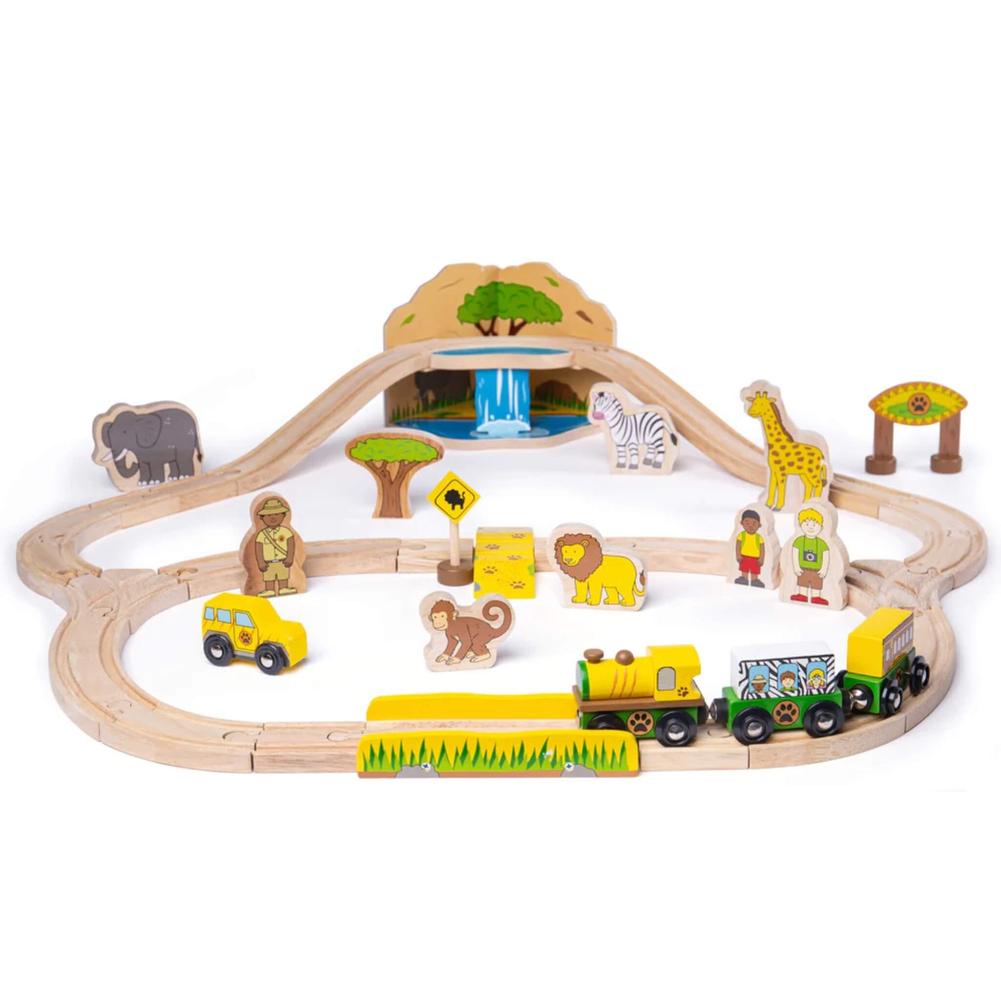 Wooden Bigjigs Toys Safari Train Set with yellow engine, zoo-themed carriages, safari characters, and wild animals on a raised track with savannah scenery.